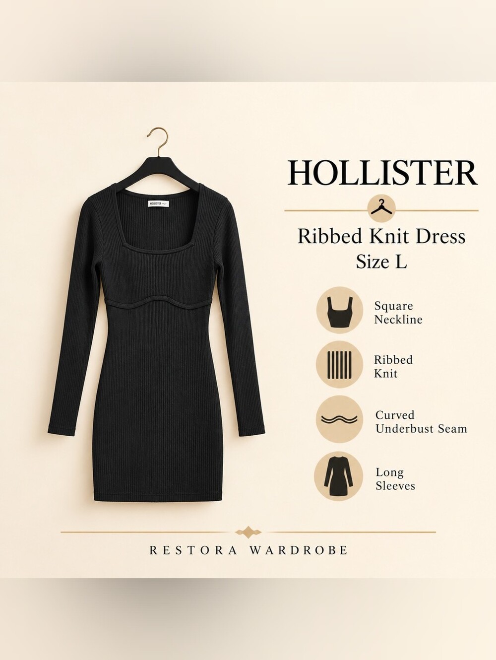 Hollister Black Ribbed Knit Square Neck Bodycon Dress Size L - Picture 1 of 10